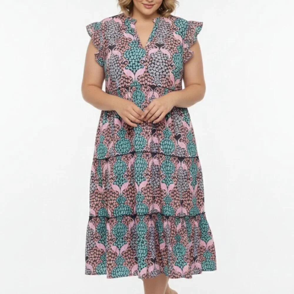 Simply Southern Dress Pink Blue Flamingo Tiered Midi Boho Ruffle 2XL FLAW - Picture 10 of 10